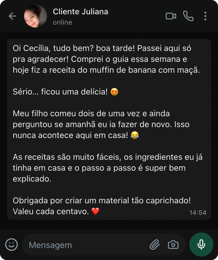 Mensagem de cliente agradecendo pelas receitas